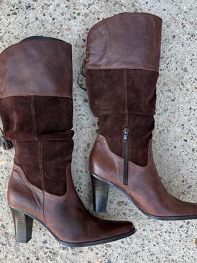 Women's Dark Brown Leather & Suede Mid-Calf Heeled Boots